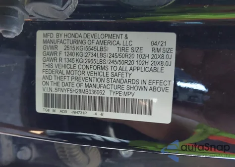 2021 Honda Pilot 2Wd Special Edition from USA, damaged, VIN 5FNYF5H28MB036062